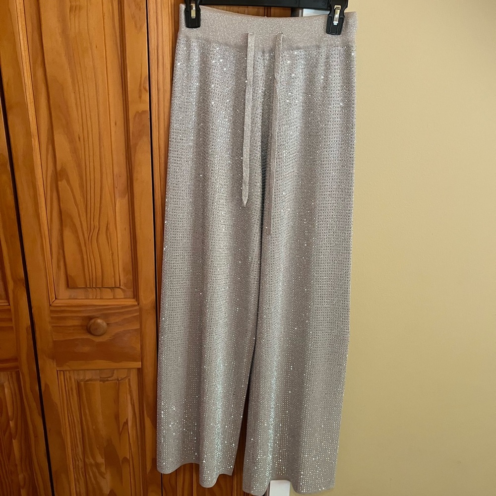 Sparkling Silver Rhinestone Wide-Leg Pants M